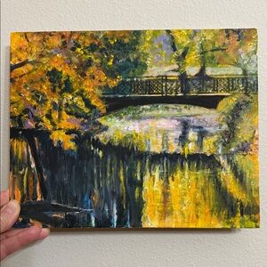 Autumn Bridge Original Acrylic Canvas Painting 8x10 inch